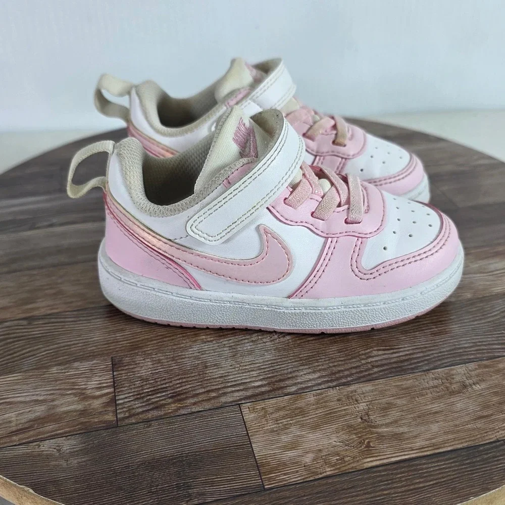 Nike Court Borough Low 2 Toddler Kids 7C Pink White Hook Loop Strap Sneakers
